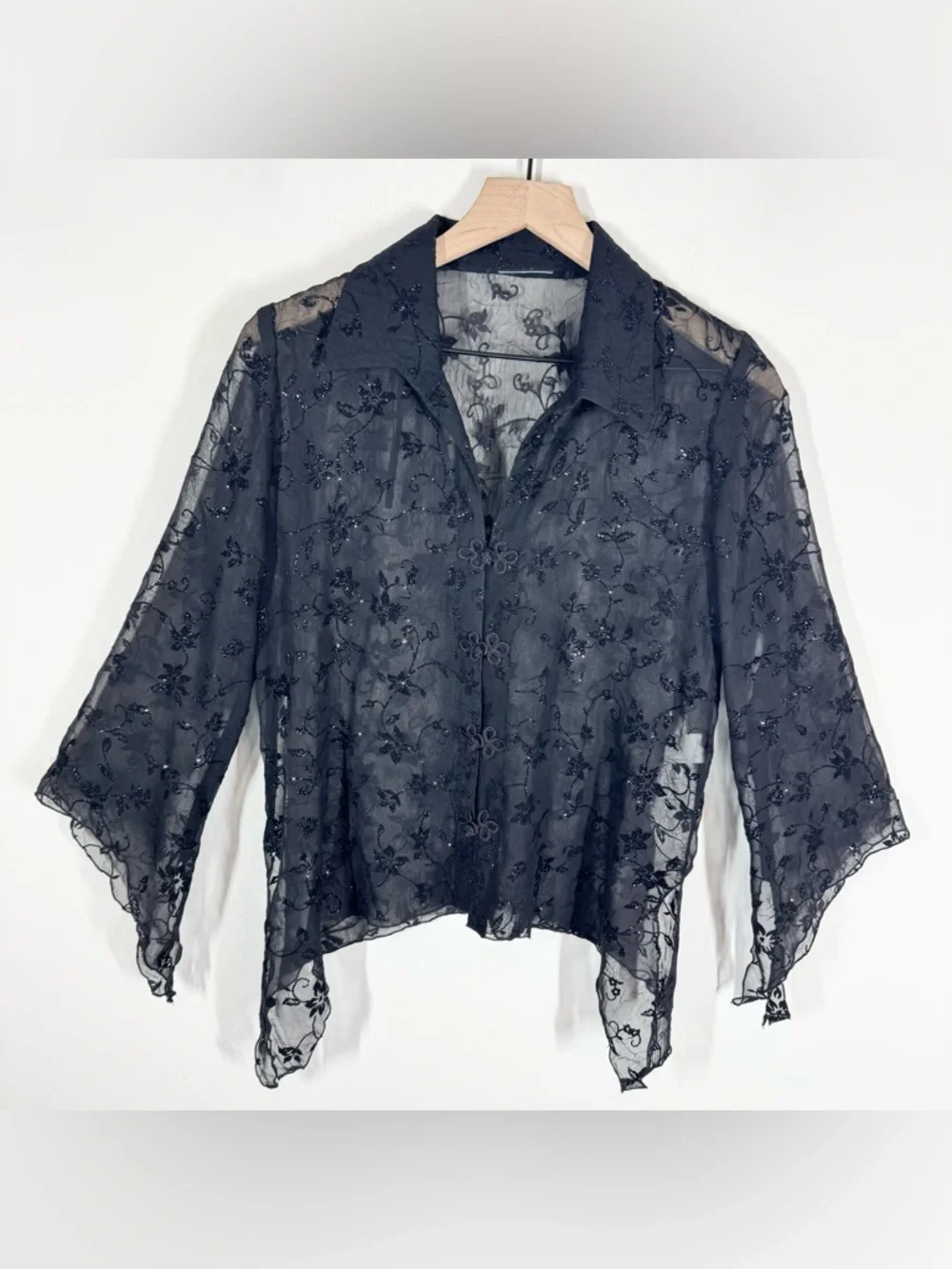 Vintage 90s Sheer Floral Glitter Bell Sleeve Top Size M Goth Fairy Whimsygoth